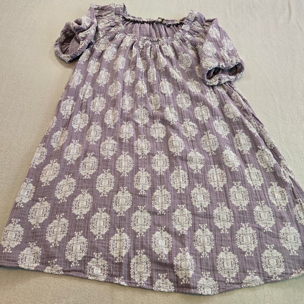 Wonderly Peasant Dress Women PL Purple Medallion Cotton Gauze Short Sleeve Boho